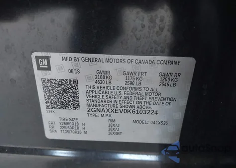2019 Chevrolet Equinox Premier z USA, uszkodzony, nr VIN 2GNAXXEV0K6103224